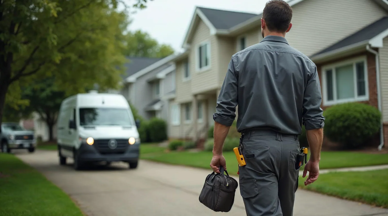 Illustrative scene of a home-service technician carrying a tool bag toward a house, with a service van nearby.