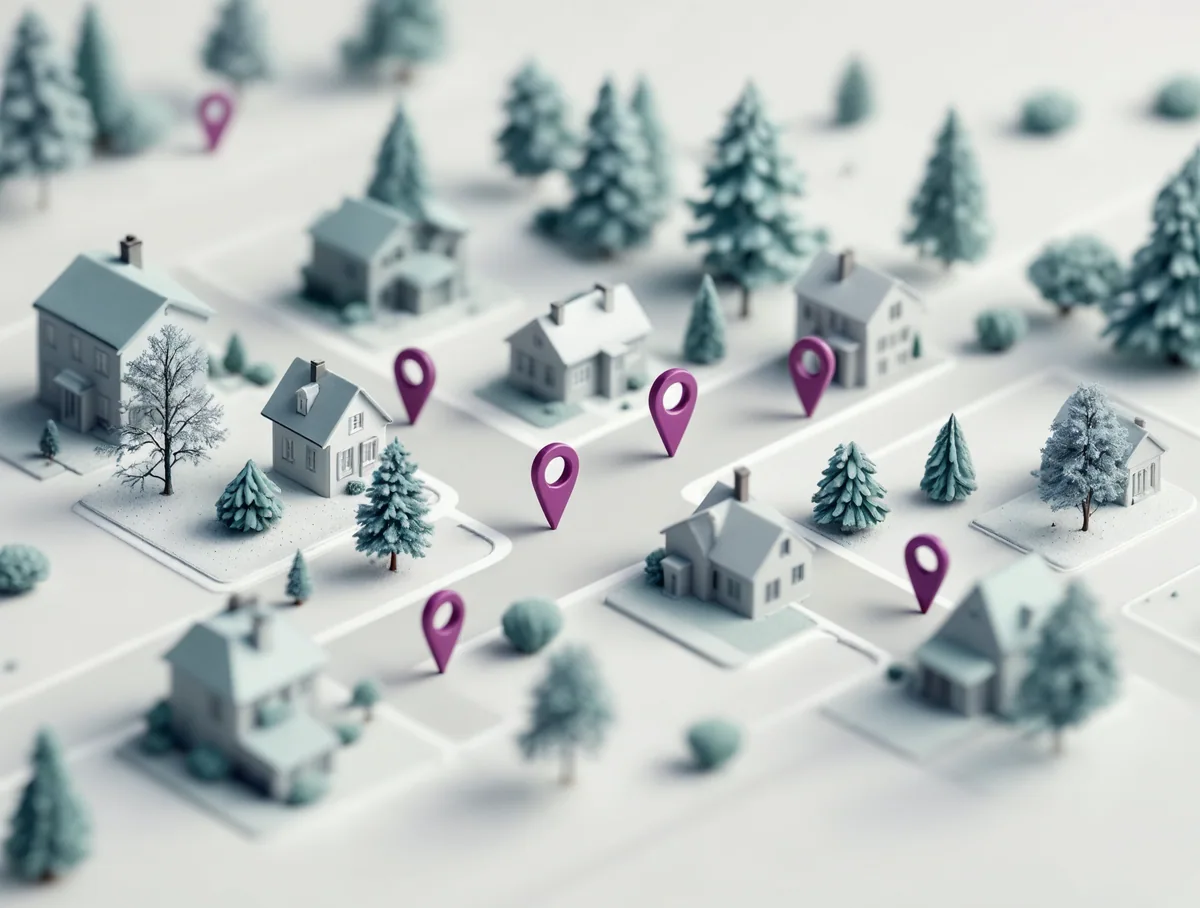 Conceptual miniature neighborhood with violet location markers across several streets.